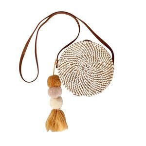 Round White Rattan Crossbody Bag With Triple Pom Charm